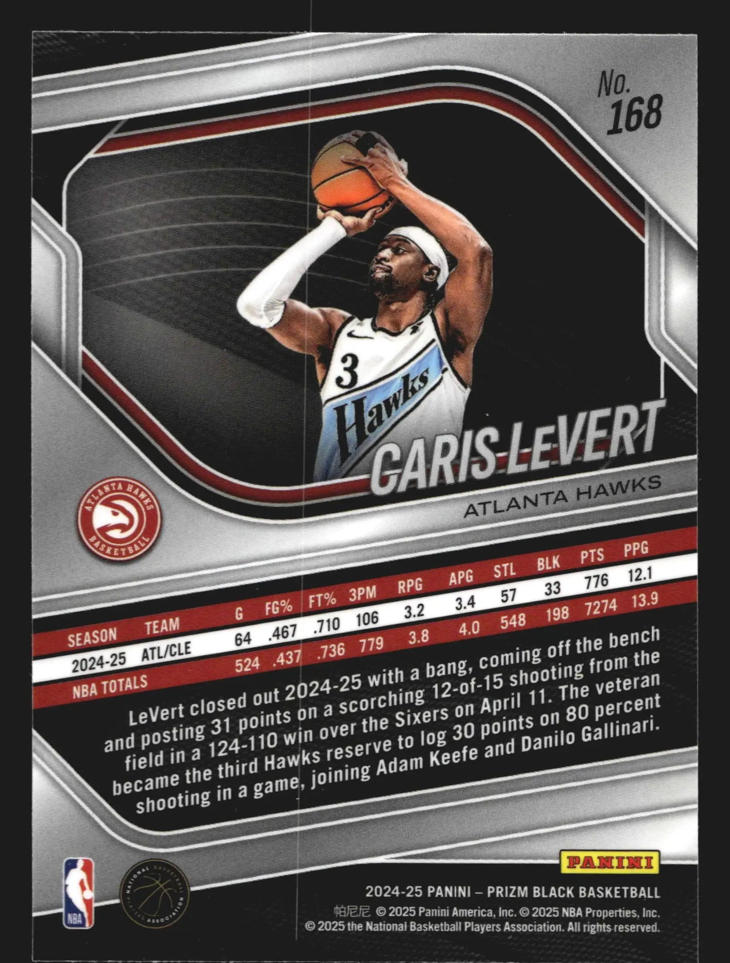 2024-25 Panini Prizm Black #168 Caris LeVert Atlanta Hawks