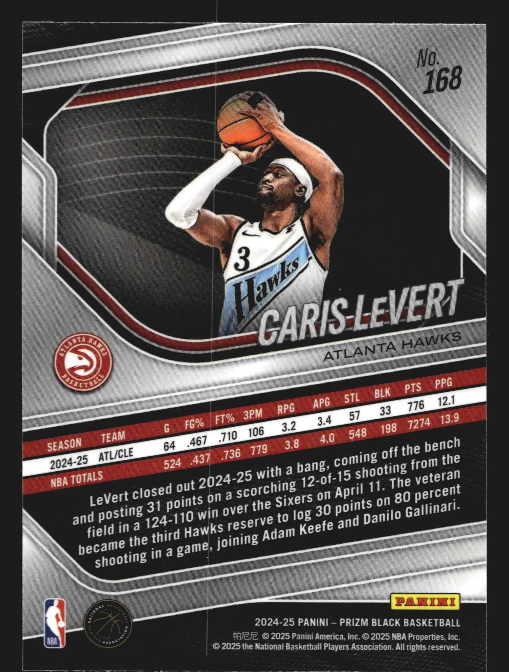 2024-25 Panini Prizm Black #168 Caris LeVert Atlanta Hawks