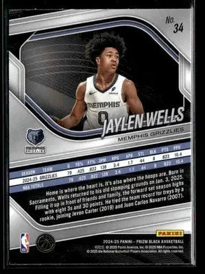 2024-25 Panini Prizm Black #34 Jaylen Wells Base RC Memphis Grizzlies - Basketball Card Single