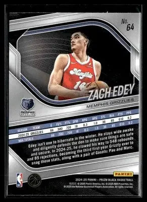 2024-25 Panini Prizm Black #64 Zach Edey Base RC Memphis Grizzlies - Basketball Card Single