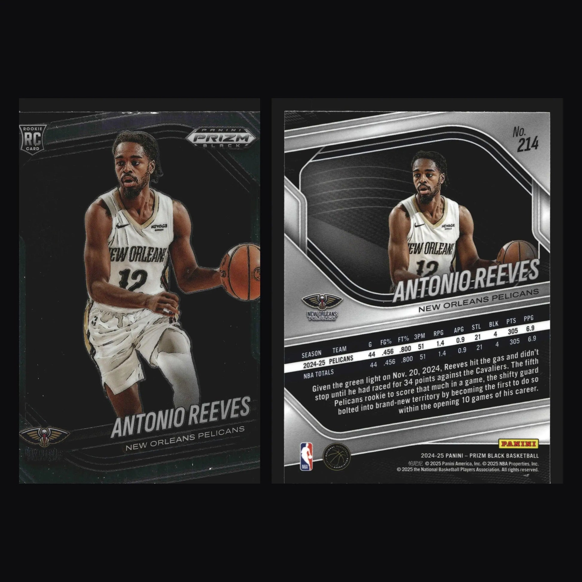 2024-25 Panini Prizm Black Antonio Reeves #214 RC Pelicans Rookie