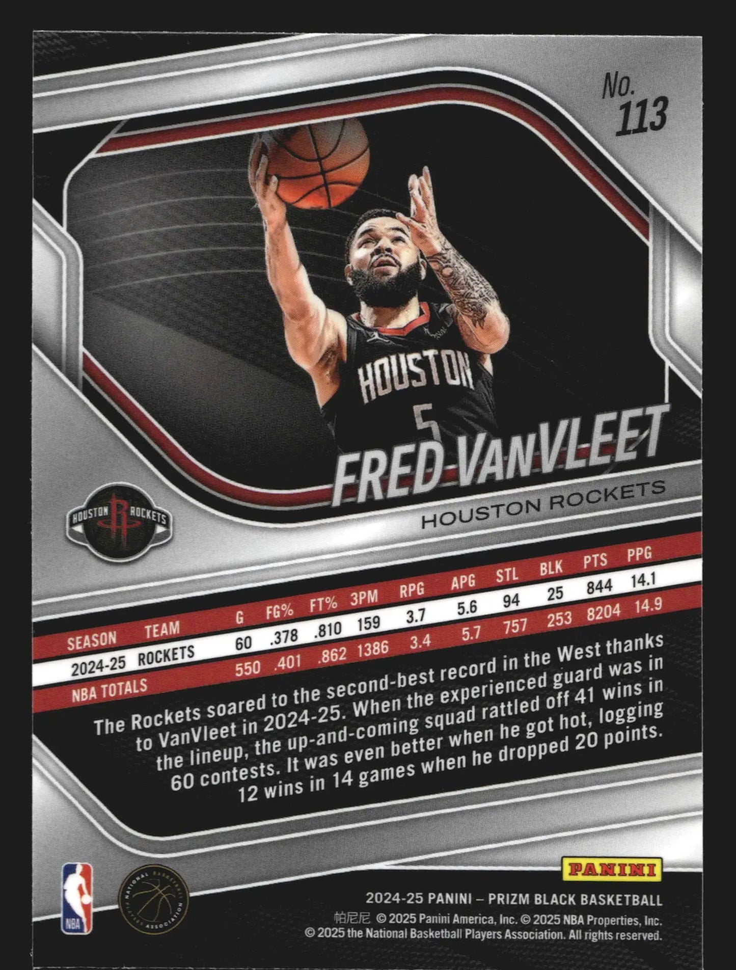 2024-25 Panini Prizm Black Fred VanVleet #113 Houston Rockets - Basketball Card Single