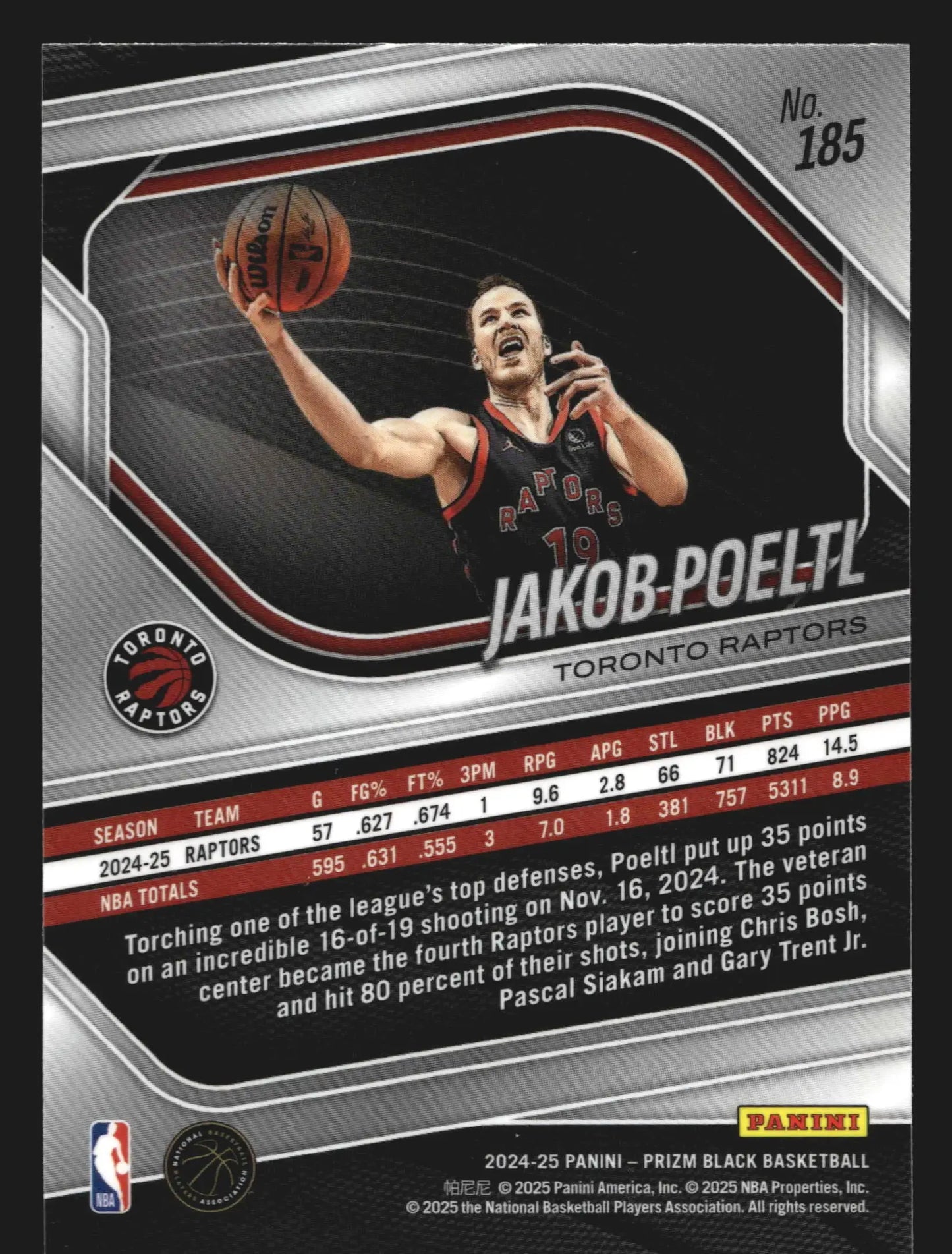2024-25 Panini Prizm Black Jakob Poeltl #185 Toronto Raptors - Basketball Card Single