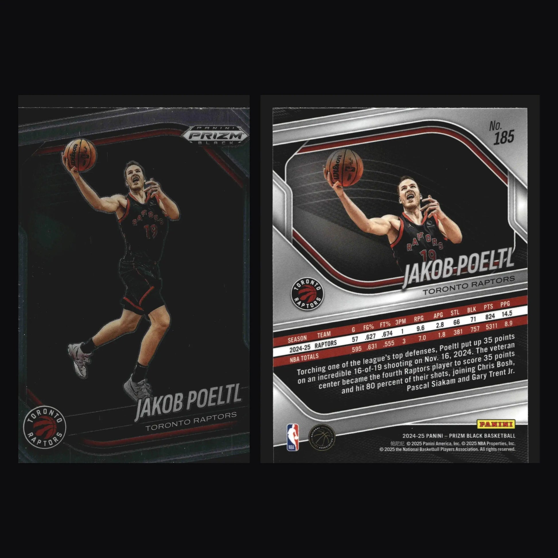 2024-25 Panini Prizm Black Jakob Poeltl #185 Toronto Raptors - Basketball Card Single
