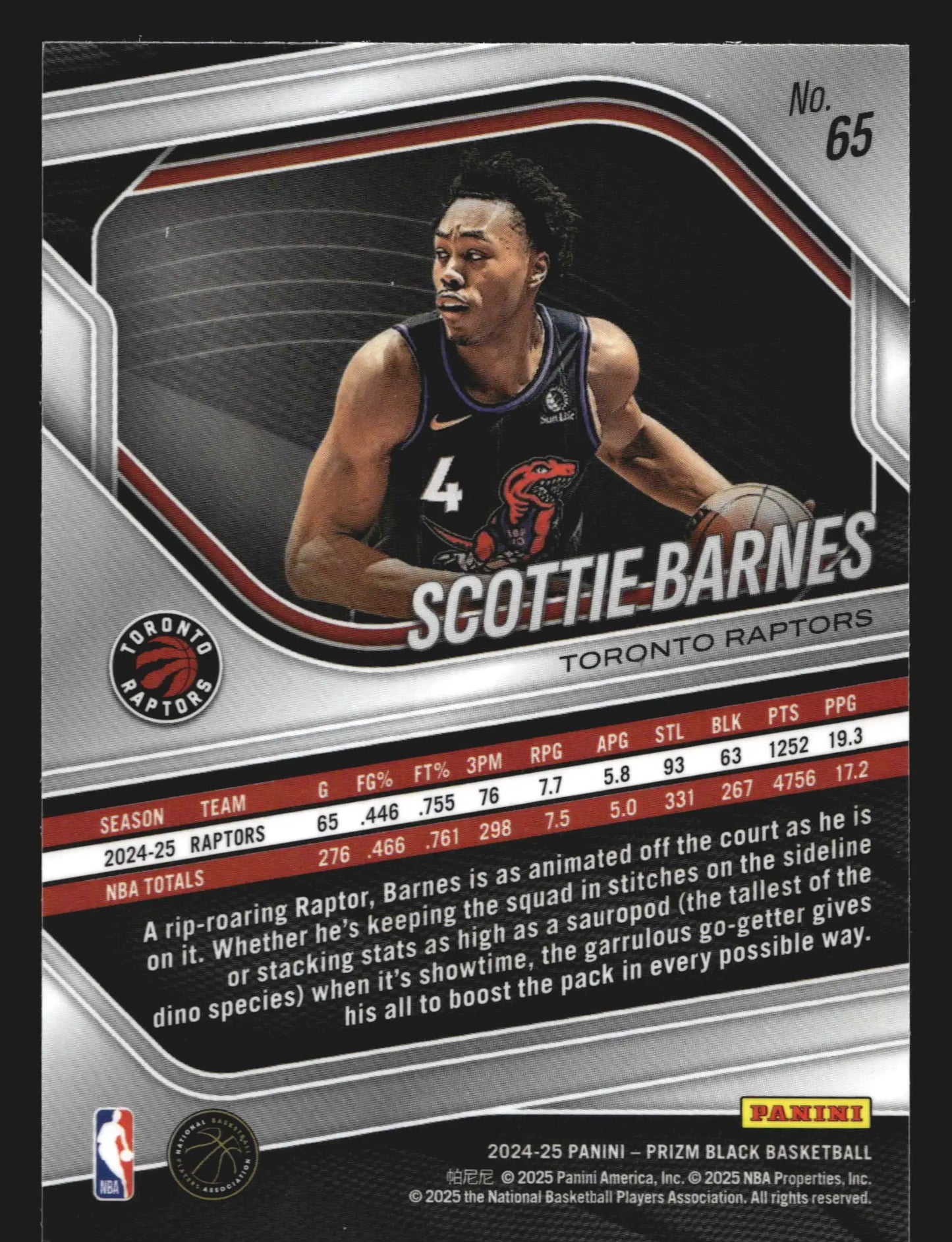 2024-25 Panini Prizm Black Scottie Barnes #65 Toronto Raptors
