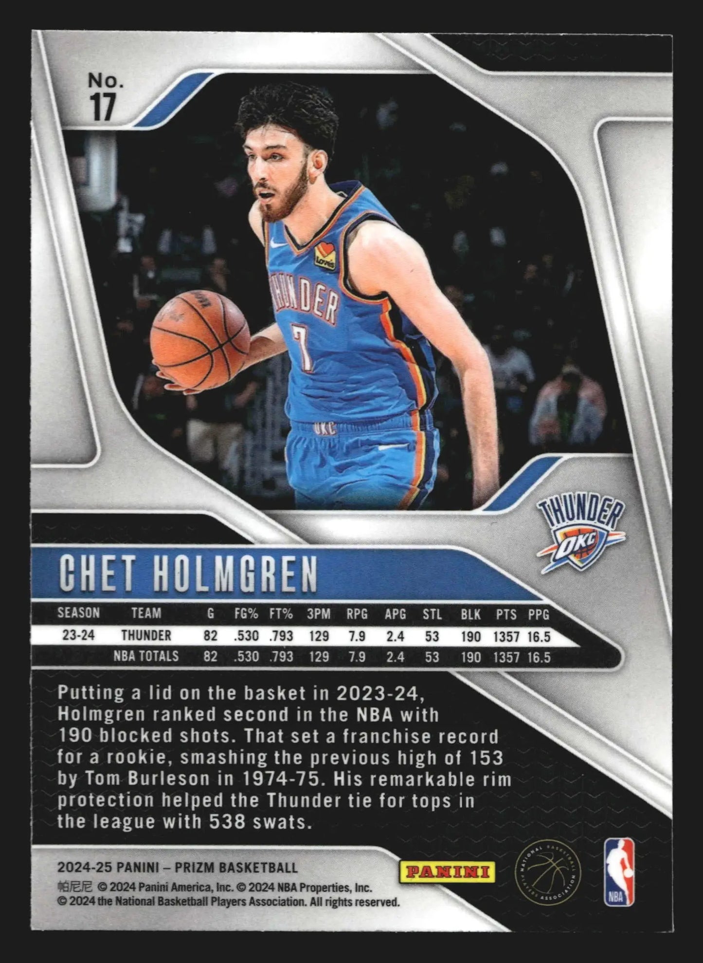 2024-25 Panini Prizm Chet Holmgren #17 Oklahoma City Thunder - Basketball Card Single