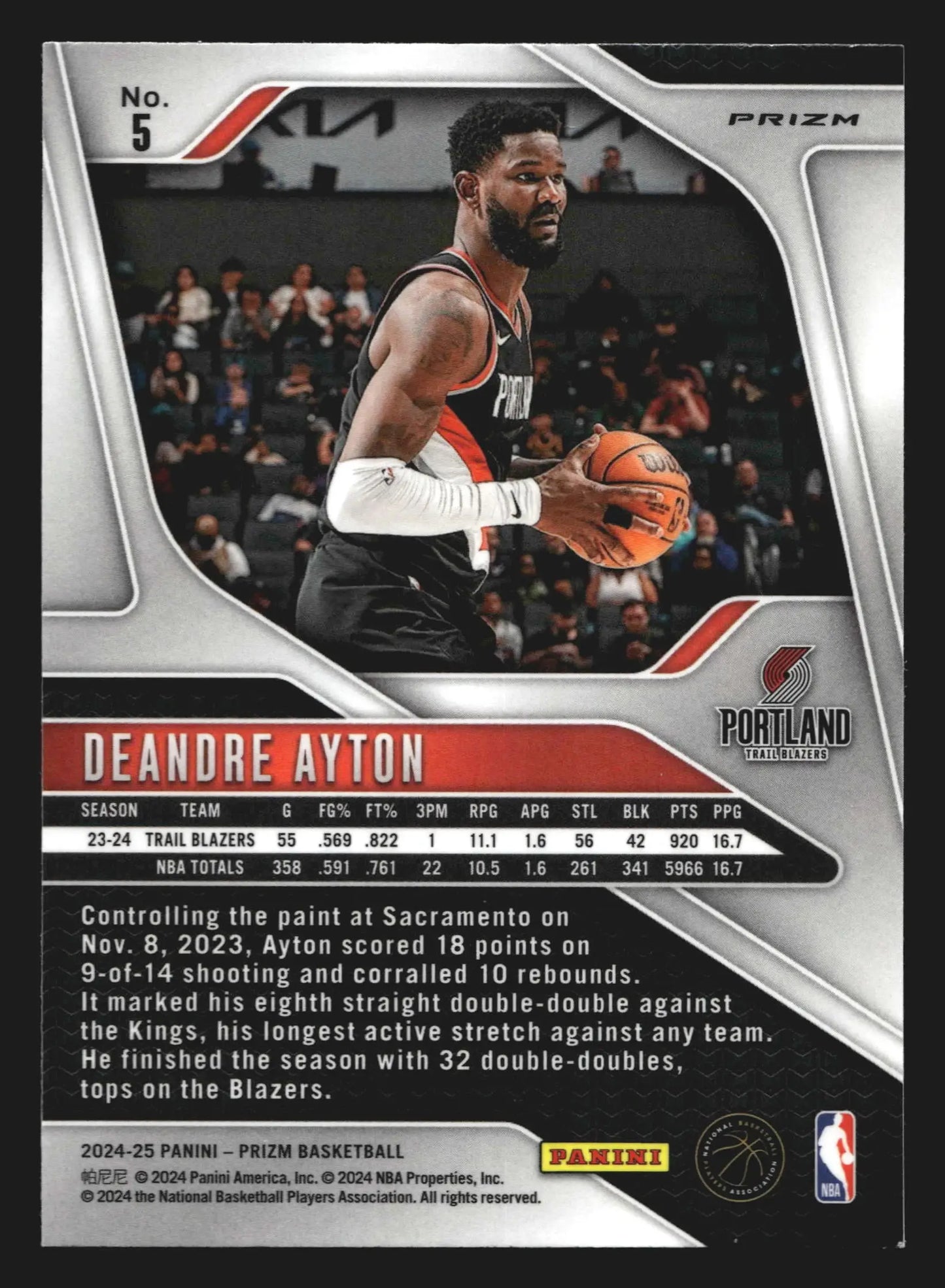 2024-25 Panini Prizm Deandre Ayton #5 Green Prizm Trail Blazers - Basketball Card Single