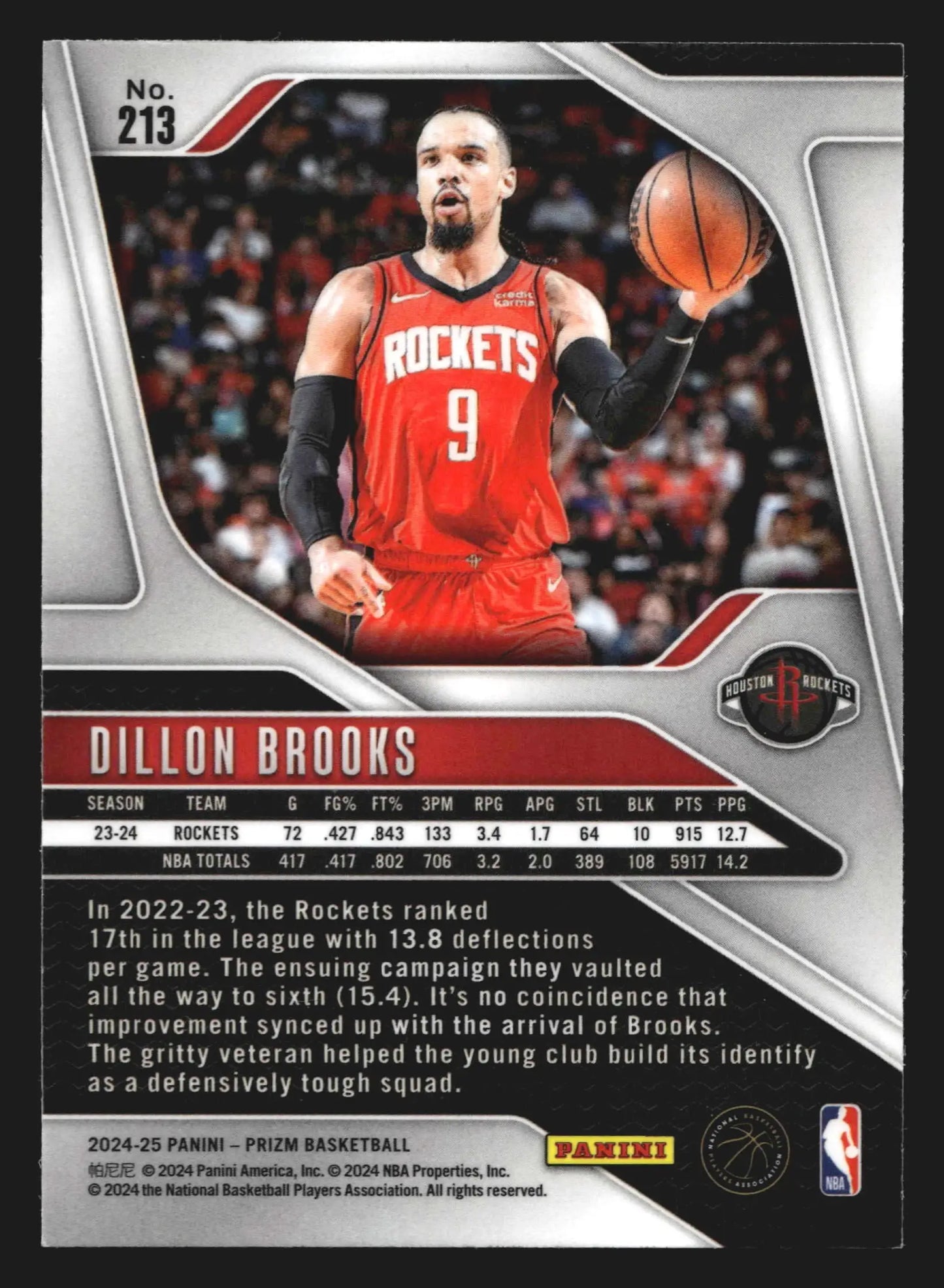 2024-25 Panini Prizm Dillon Brooks #213 Houston Rockets - Basketball Card Single