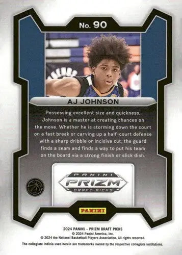 Basketball trading card from Panini Prizm Draft Picks 2024-25 series featuring AJ Johnson