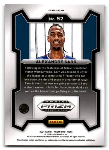 2024-25 Panini Prizm Draft Picks Prizms Green #52 Alexandre Sarr NM-MT ID:78209 - Basketball Card Single