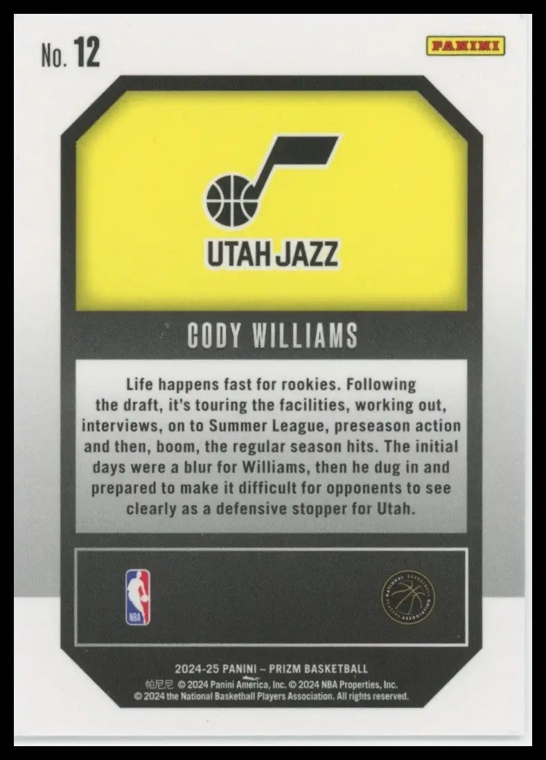 2024-25 Panini Prizm Emergent Cody Williams Rookie #12 Utah Jazz Basketball Card