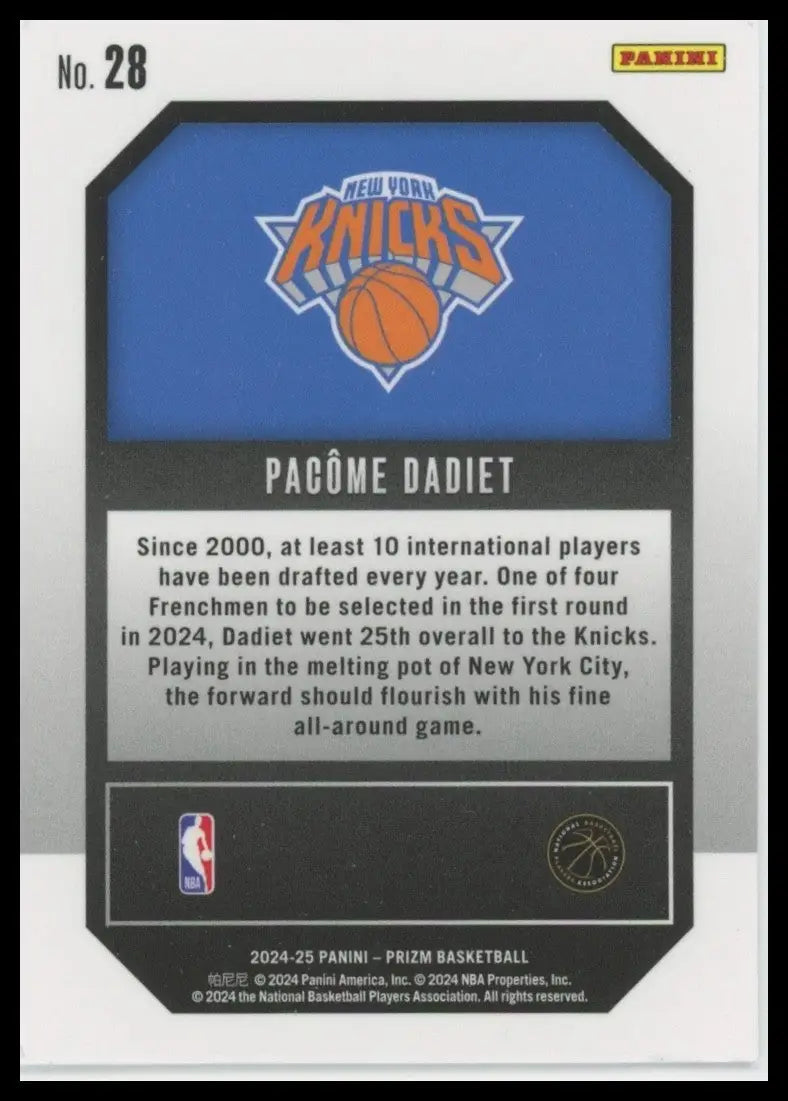 2024-25 Panini Prizm Emergent Pacome Dadiet Rookie #28 New York Knicks Card NBA - Basketball Card Single