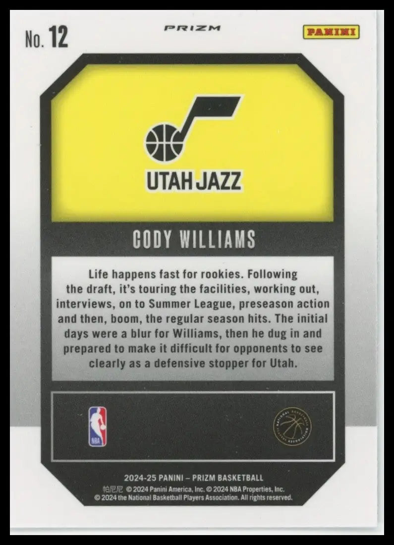 2024-25 Panini Prizm Emergent Silver Cody Williams Rookie #12 Utah Jazz Card NBA - Basketball Card Single