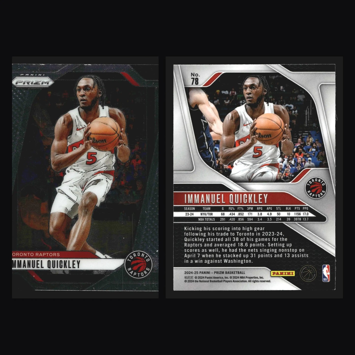2024-25 Panini Prizm Immanuel Quickley #78 Toronto Raptors - Basketball Card Single