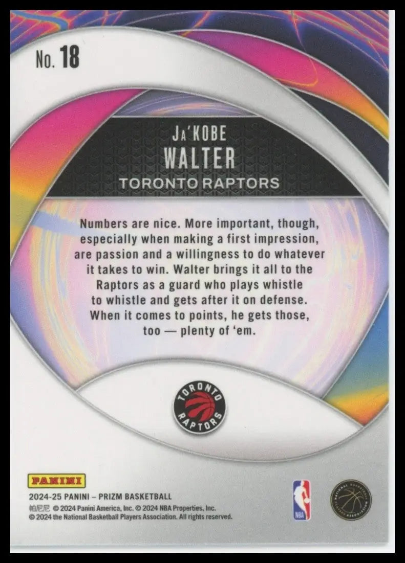 2024-25 Panini Prizm Instant Impact JaKobe Walter Rookie #18 Toronto Raptors NBA - Basketball Card Single