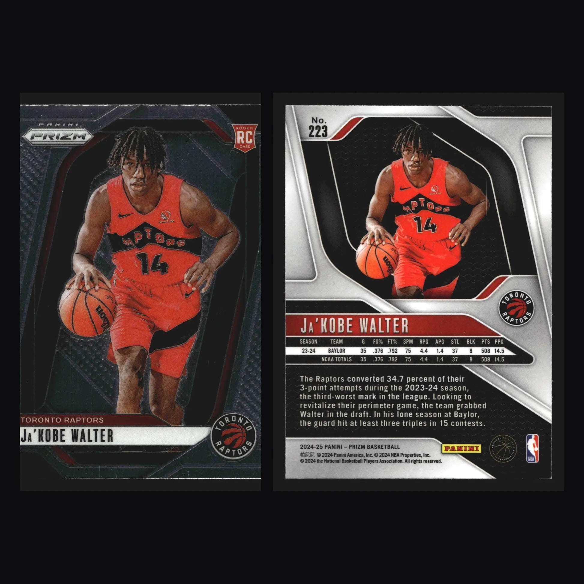 2024-25 Panini Prizm Ja’Kobe Walter #223 RC Toronto Raptors Rookie - Basketball Card Single