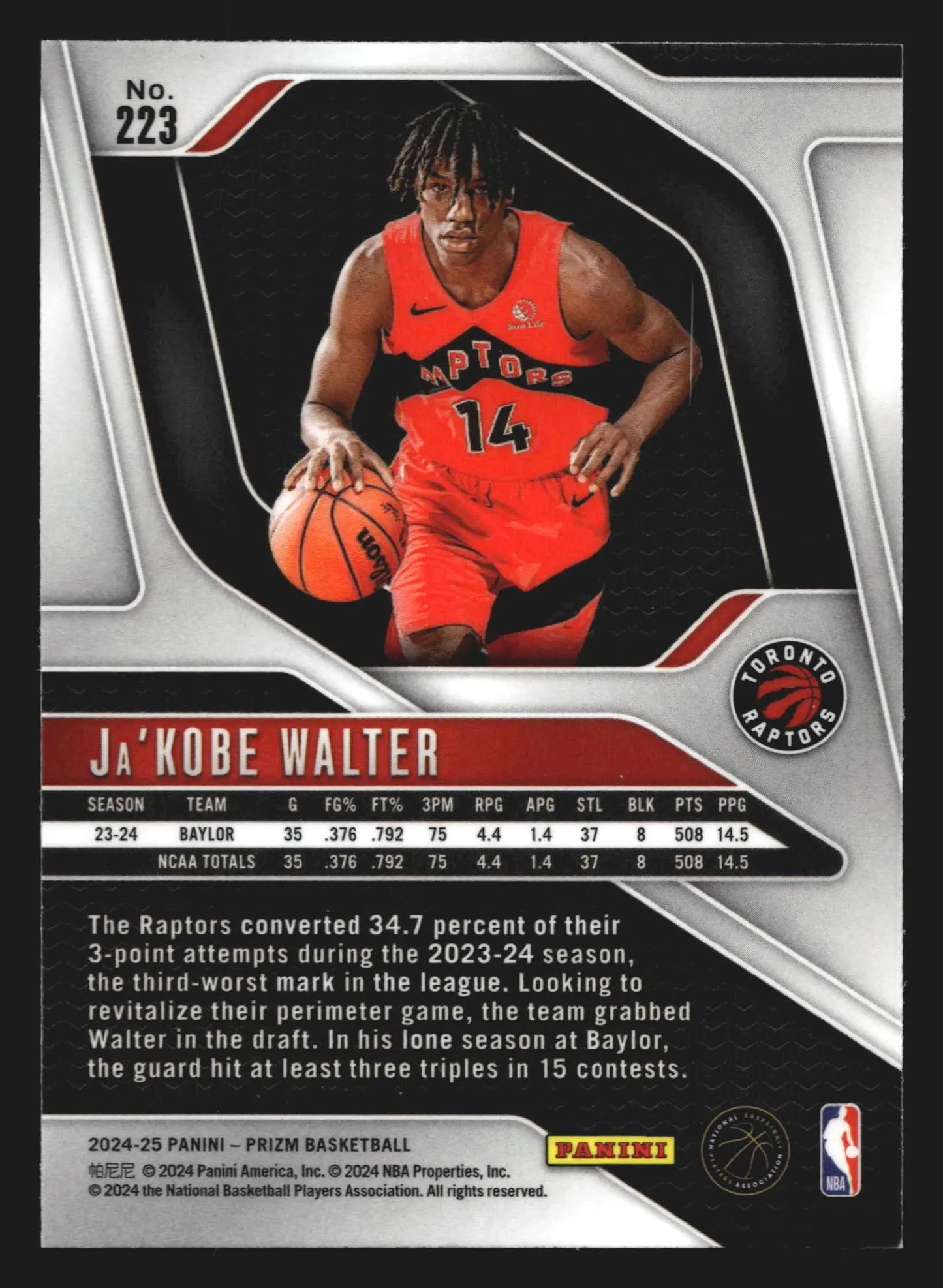 2024-25 Panini Prizm Ja’Kobe Walter #223 RC Toronto Raptors Rookie - Basketball Card Single