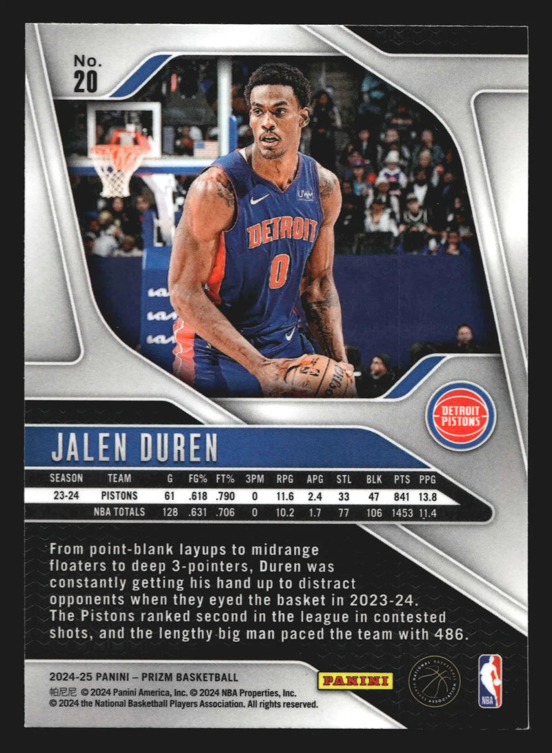 2024-25 Panini Prizm Jalen Duren #20 Detroit Pistons
