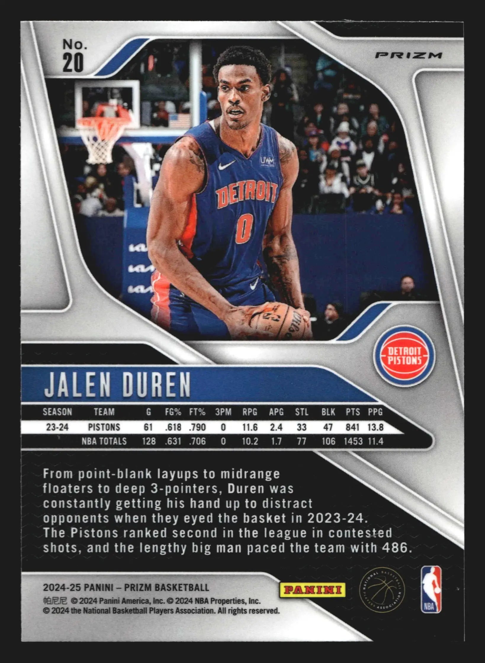 2024-25 Panini Prizm Jalen Duren #20 Fast Break Prizm Detroit Pistons
