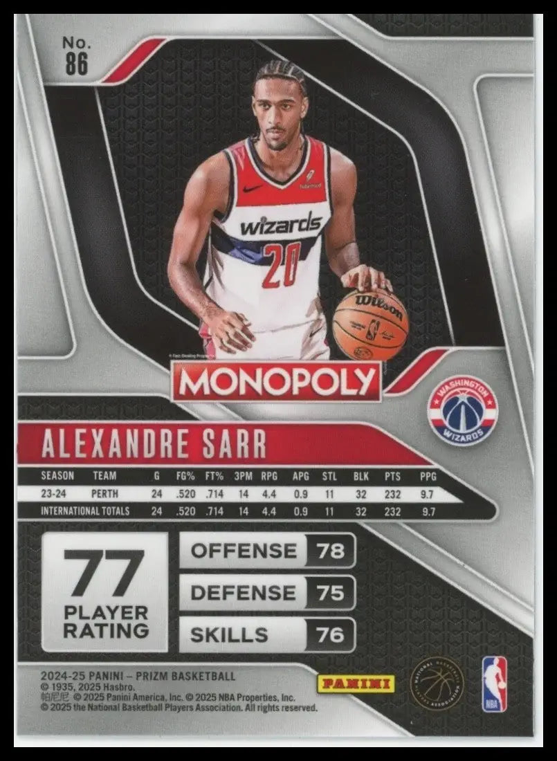 2024-25 Panini Prizm Monopoly Alexandre Sarr Rookie #86 Washington Wizards Card