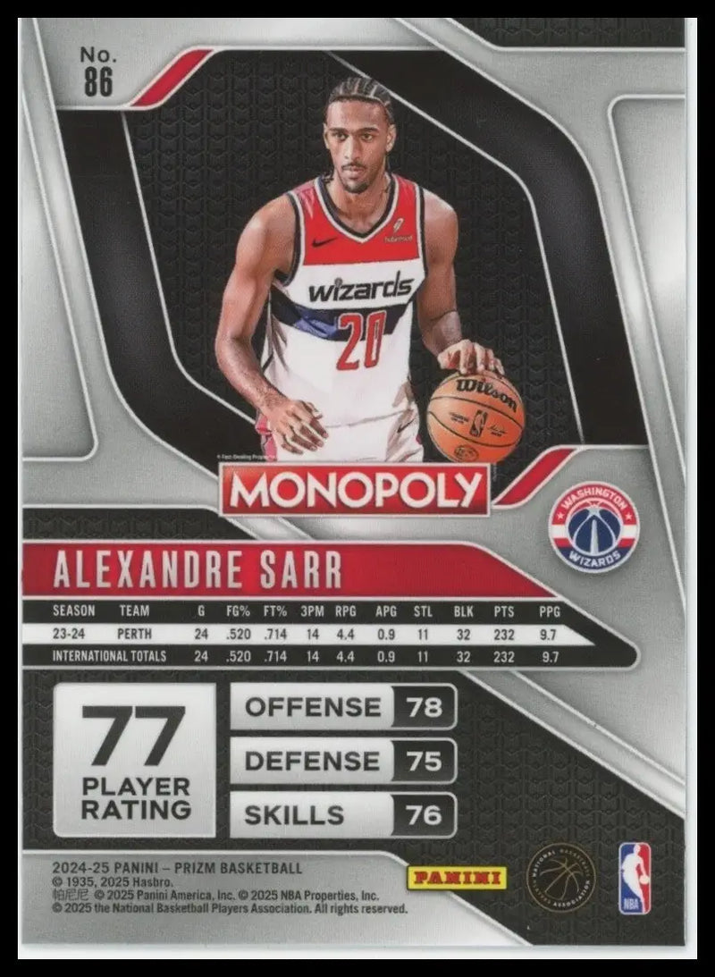 2024-25 Panini Prizm Monopoly Alexandre Sarr Rookie #86 Washington Wizards Card