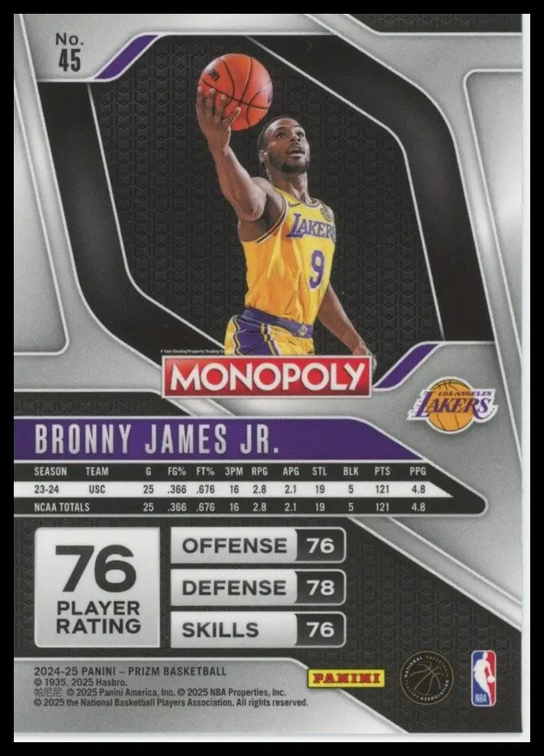 2024-25 Panini Prizm Monopoly Bronny James Rookie #45 Los Angeles Lakers Card