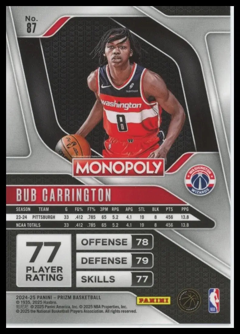 2024-25 Panini Prizm Monopoly Bub Carrington Rookie #87 Washington Wizards Card