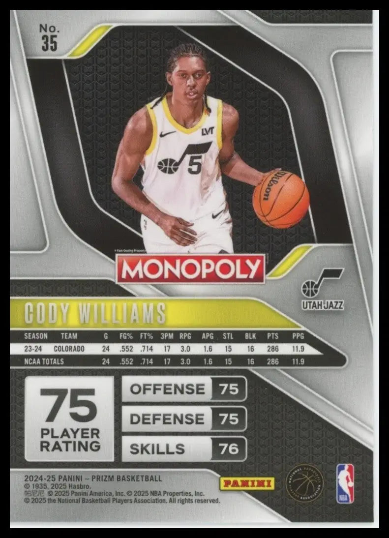2024-25 Panini Prizm Monopoly Cody Williams Rookie #35 Utah Jazz Basketball Card