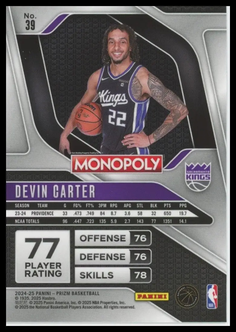 2024-25 Panini Prizm Monopoly Devin Carter Rookie #39 Sacramento Kings Card NBA