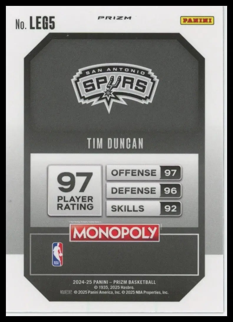 2024-25 Panini Prizm Monopoly Dice Legends Tim Duncan #LEG5 San Antonio Spurs - Basketball Card Single