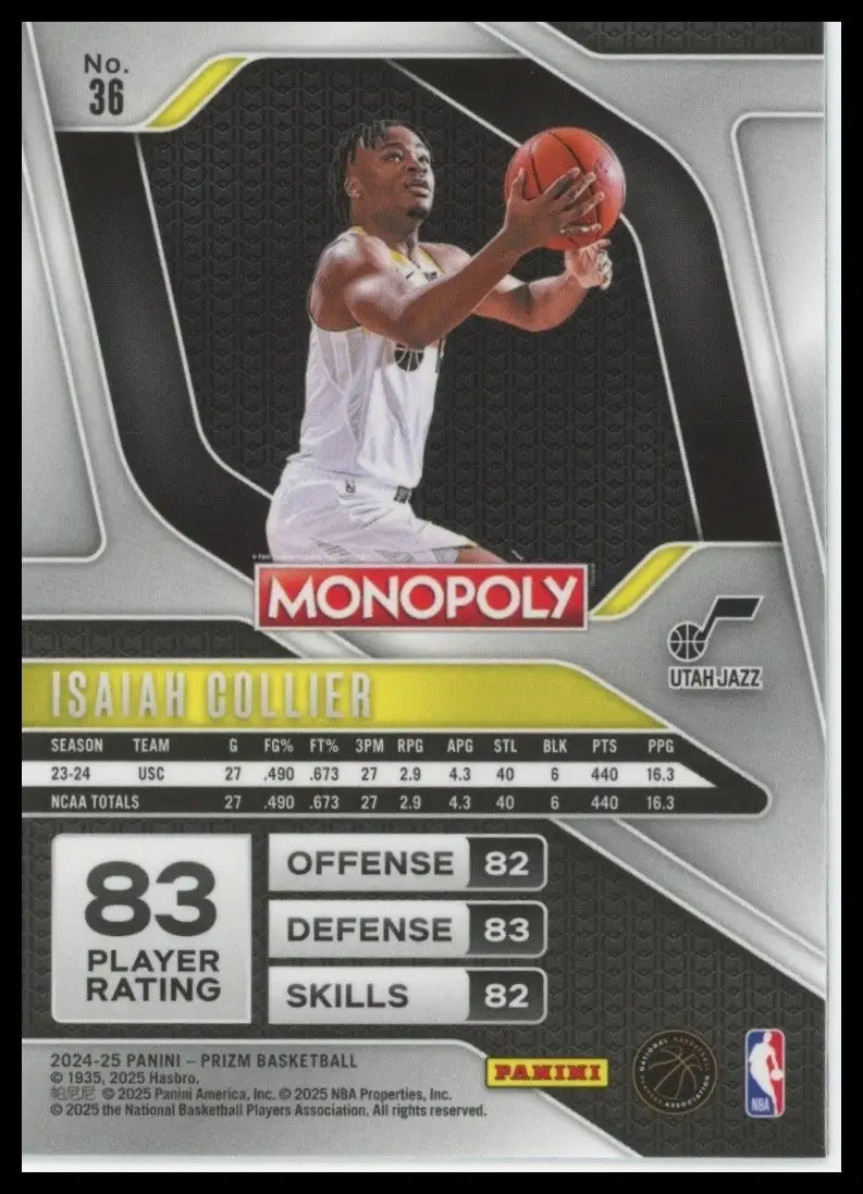 2024-25 Panini Prizm Monopoly Isaiah Collier Rookie #36 Utah Jazz Basketball NBA