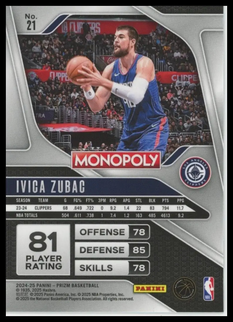 2024-25 Panini Prizm Monopoly Ivica Zubac #21 Los Angeles Clippers Basketball - Basketball Card Single