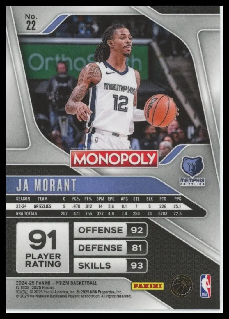 2024-25 Panini Prizm Monopoly Ja Morant #22 Memphis Grizzlies Basketball Card - Basketball Card Single