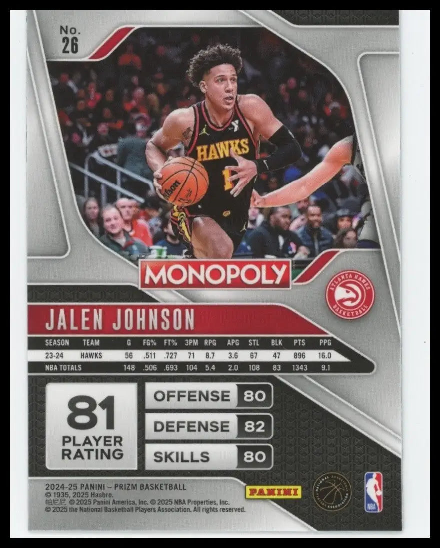 2024-25 Panini Prizm Monopoly Jalen Johnson #26 Atlanta Hawks Basketball Card