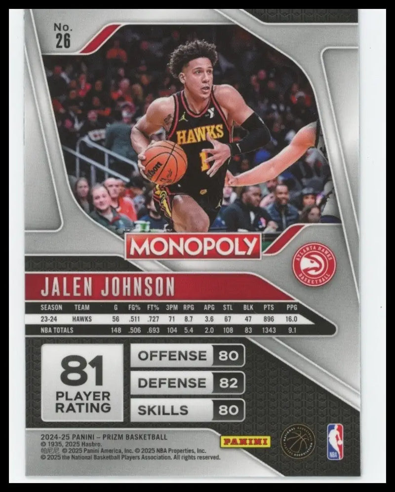 2024-25 Panini Prizm Monopoly Jalen Johnson #26 Atlanta Hawks Basketball Card