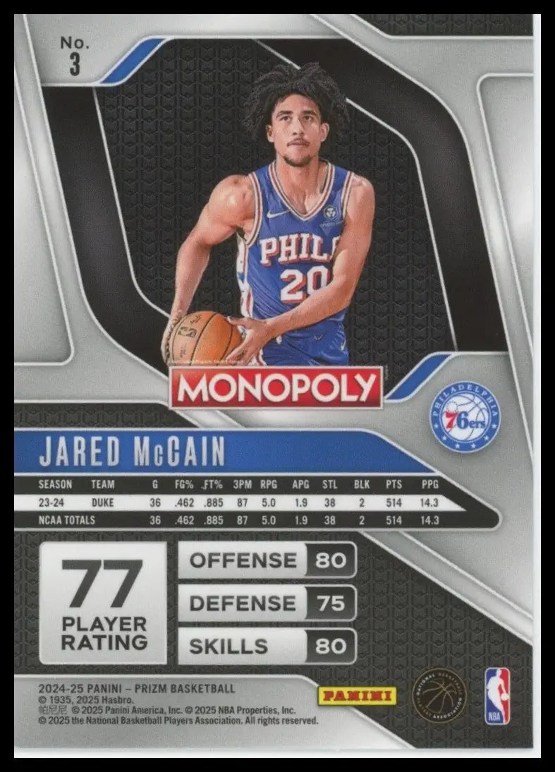 2024-25 Panini Prizm Monopoly Jared McCain Rookie #3 Philadelphia 76ers Card NBA - Basketball Card Single