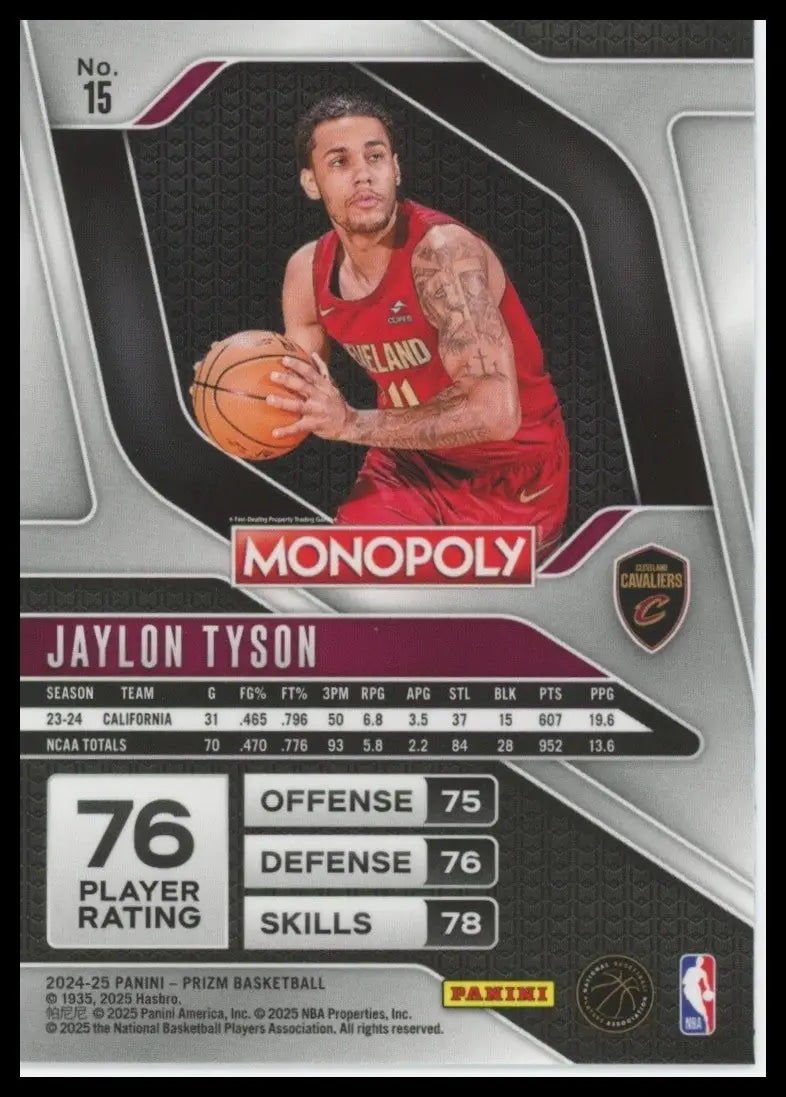 2024-25 Panini Prizm Monopoly Jaylon Tyson Rookie #15 Cleveland Cavaliers Card