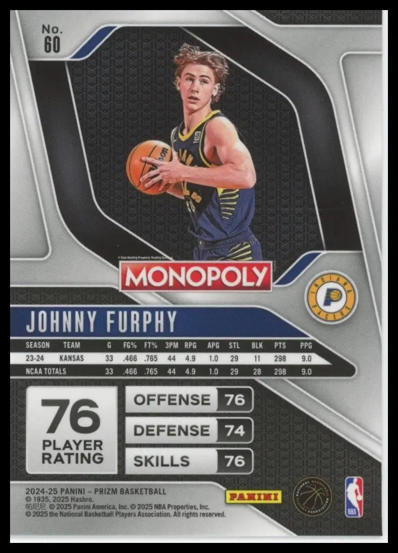 2024-25 Panini Prizm Monopoly Johnny Furphy Rookie #60 Indiana Pacers Basketball