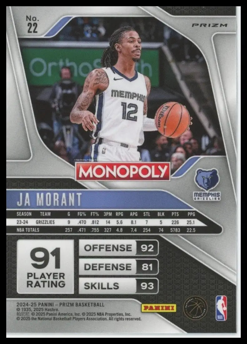2024-25 Panini Prizm Prizm Monopoly Man Ja Morant #22 Memphis Grizzlies Card NBA