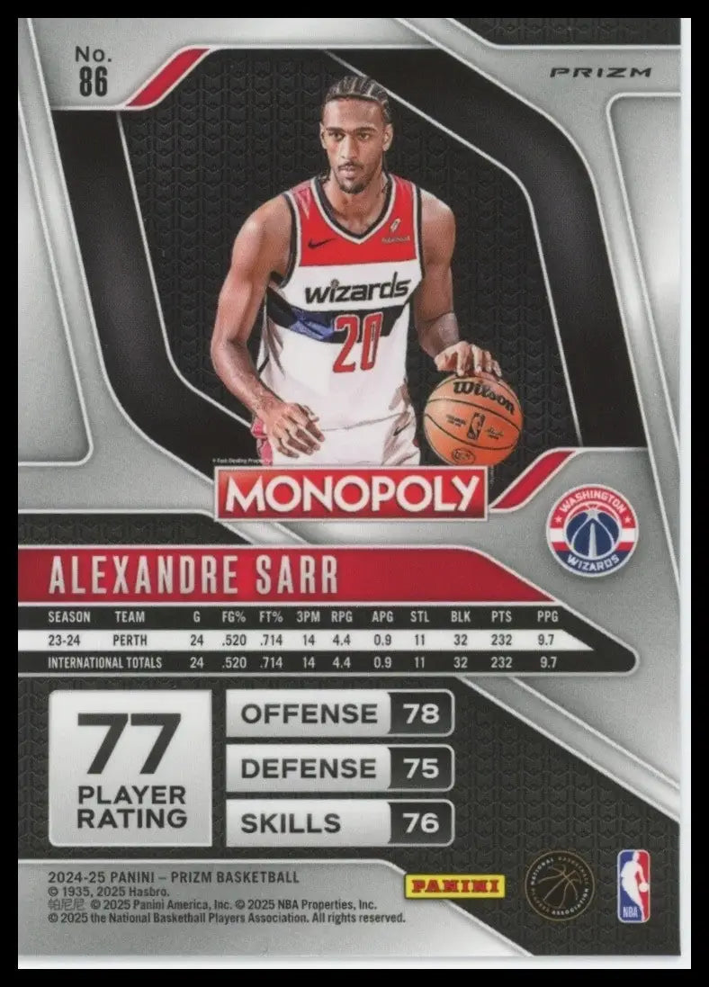 2024-25 Panini Prizm Monopoly Red Alexandre Sarr Rookie #86 Washington Wizards - Basketball Card Single