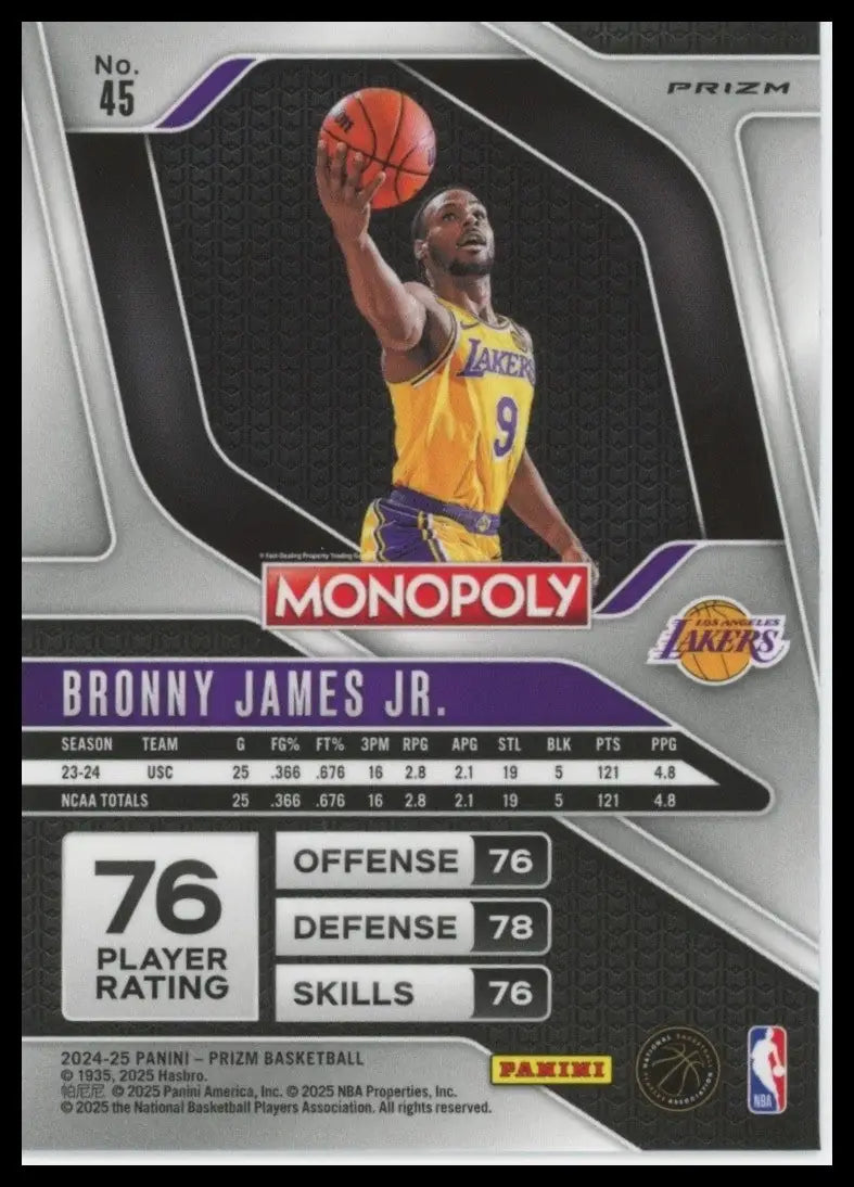 2024-25 Panini Prizm Monopoly Red Bronny James Rookie #45 Los Angeles Lakers NBA - Basketball Card Single