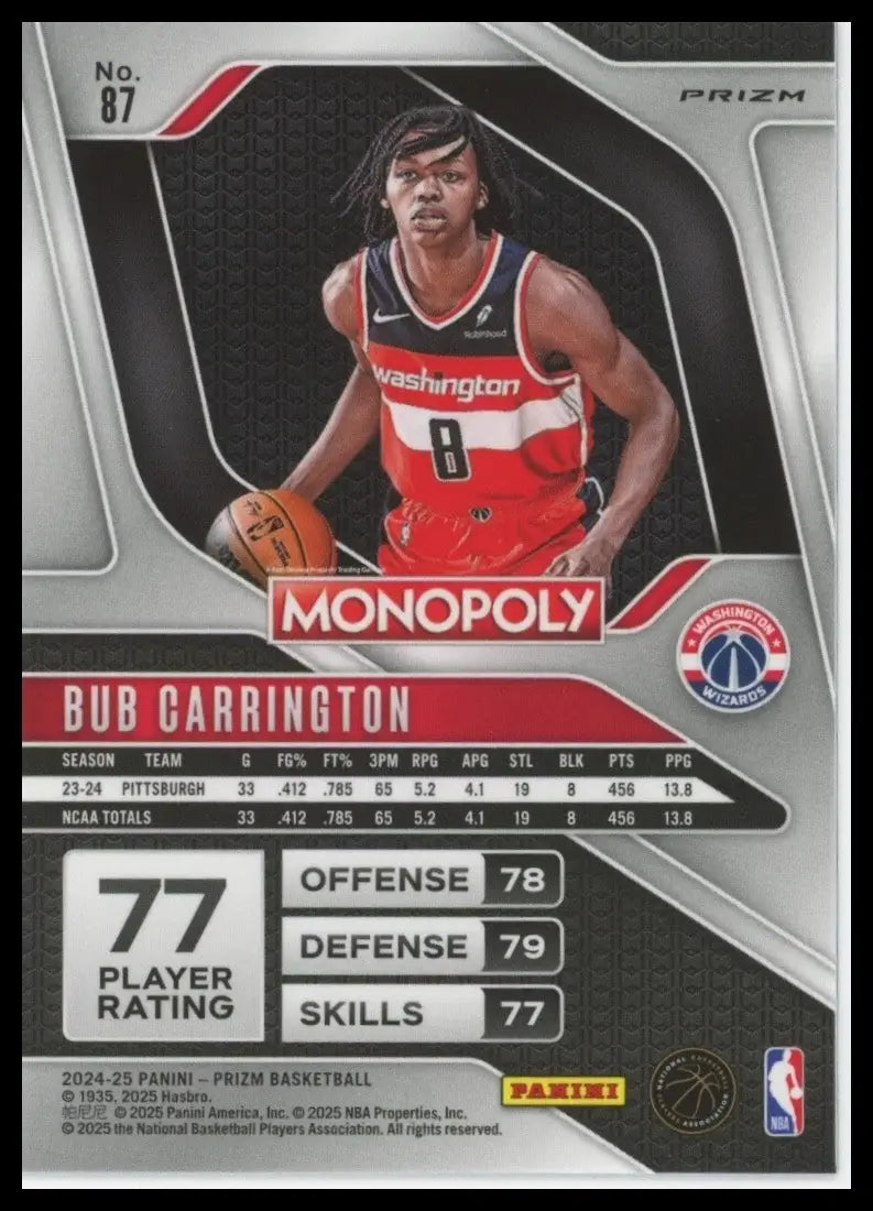2024-25 Panini Prizm Monopoly Red Bub Carrington Rookie #87 Washington Wizards - Basketball Card Single