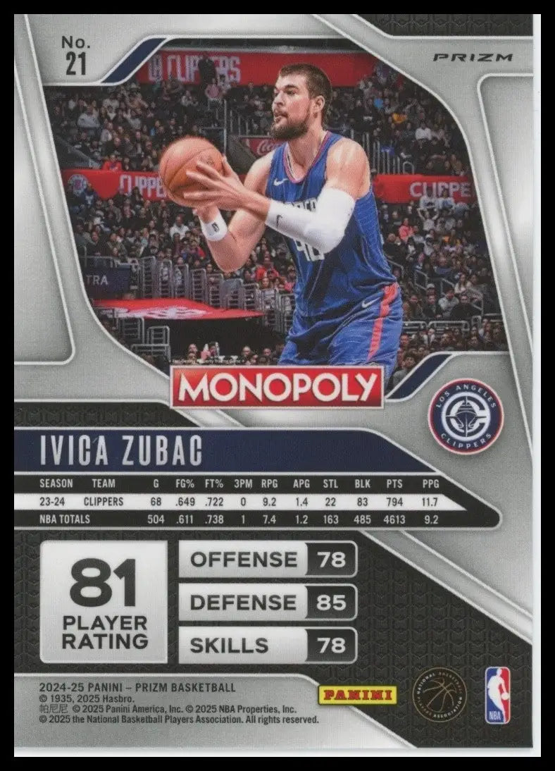 2024-25 Panini Prizm Monopoly Red Ivica Zubac #21 Los Angeles Clippers Card NBA - Basketball Card Single