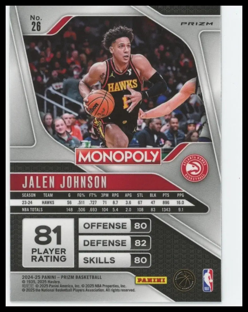 2024-25 Panini Prizm Monopoly Red Jalen Johnson #26 Atlanta Hawks Basketball NBA - Basketball Card Single