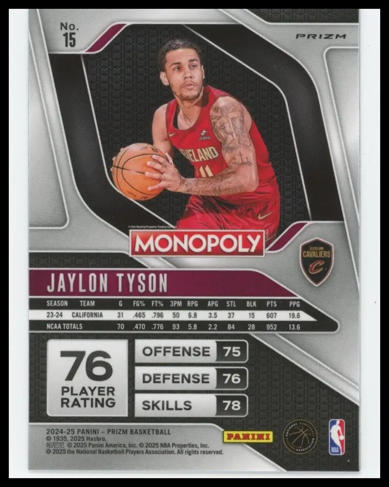 2024-25 Panini Prizm Monopoly Red Jaylon Tyson Rookie #15 Cleveland Cavaliers - Basketball Card Single