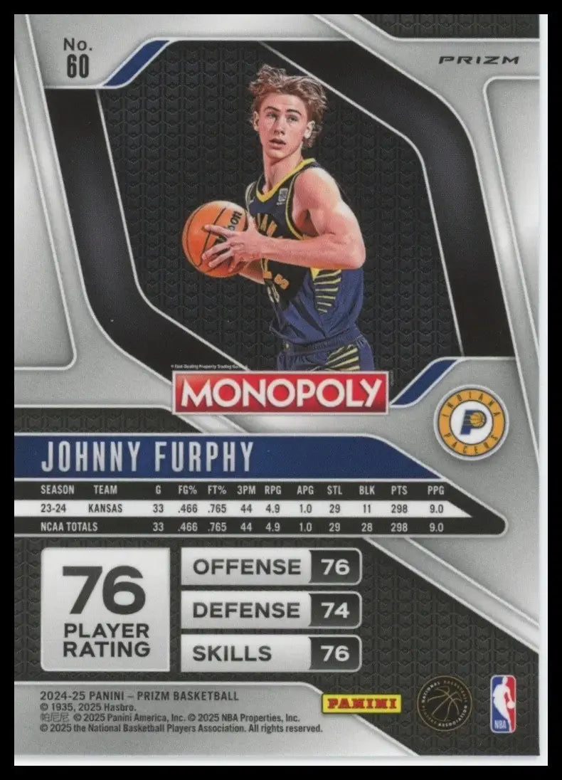 2024-25 Panini Prizm Monopoly Red Johnny Furphy Rookie #60 Indiana Pacers Card - Basketball Card Single