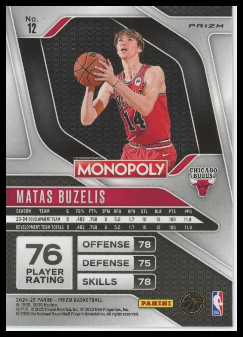 2024-25 Panini Prizm Monopoly Red Matas Buzelis Rookie #12 Chicago Bulls Card