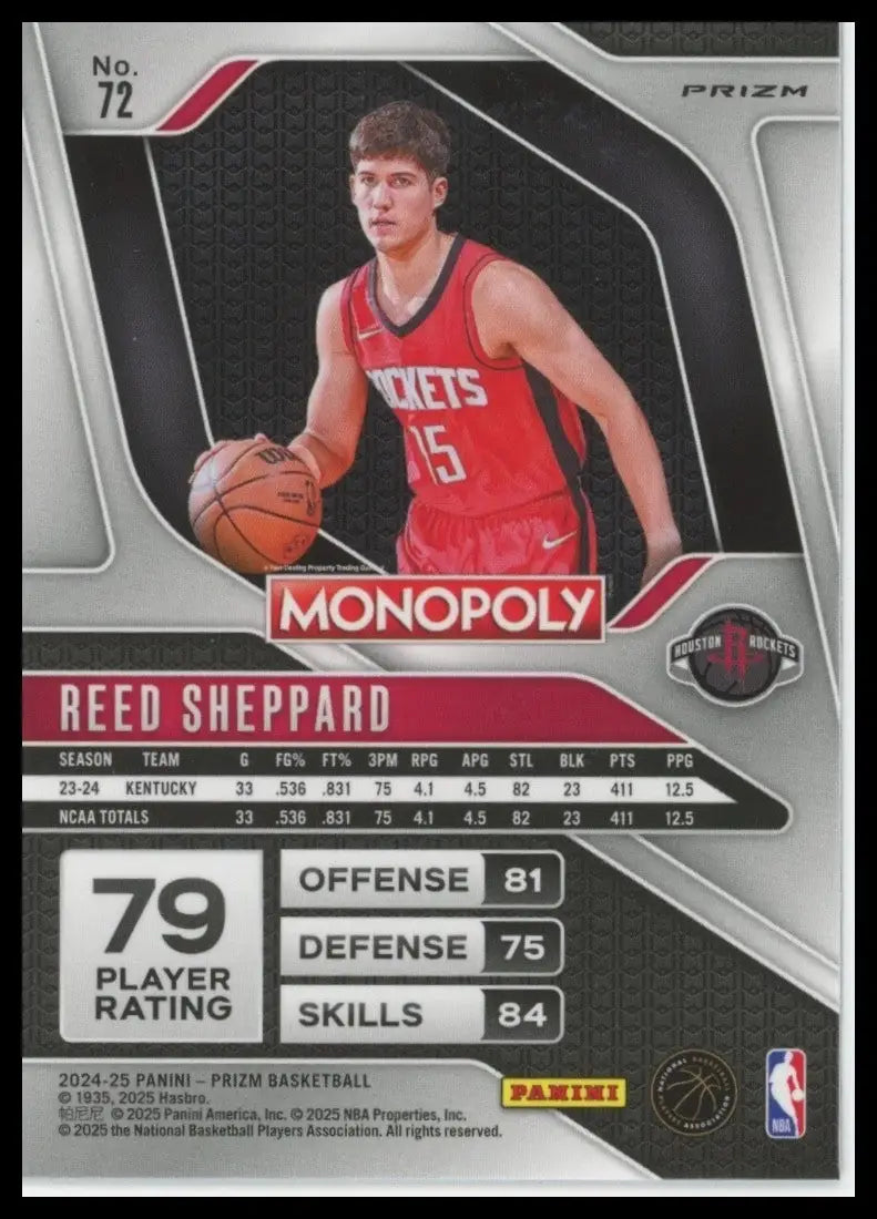 2024-25 Panini Prizm Monopoly Red Reed Sheppard Rookie #72 Houston Rockets Card - Basketball Card Single