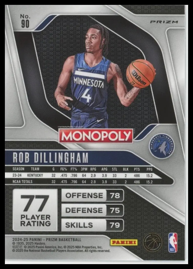 2024-25 Panini Prizm Monopoly Red Rob Dillingham Rookie #90 Timberwolves Card - Basketball Card Single