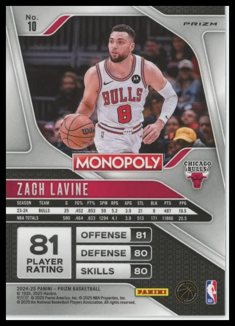 2024-25 Panini Prizm Monopoly Red Zach LaVine #10 Chicago Bulls Basketball Card - Basketball Card Single